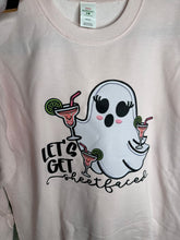 Load image into Gallery viewer, XL lets get sheet faced ghost drink on a light pink unisex crewneck sweatshirt