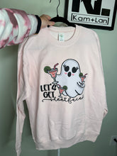 Load image into Gallery viewer, XL lets get sheet faced ghost drink on a light pink unisex crewneck sweatshirt