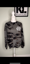Load image into Gallery viewer, Large Anti social wives club unisex bleached crewneck in black/grey/tans