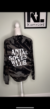 Load image into Gallery viewer, Large Anti social wives club unisex bleached crewneck in black/grey/tans