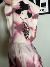 Load image into Gallery viewer, SALE: Large & 2XL Stupid Cupid & skellie hand w/ heart balloons on hood Maroon watercolor affect custom bleached unisex hoodie