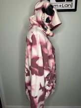 Load image into Gallery viewer, SALE: Large & 2XL Stupid Cupid & skellie hand w/ heart balloons on hood Maroon watercolor affect custom bleached unisex hoodie