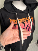 Load image into Gallery viewer, Sale! XL & 2XL overstimulated moms club plain lightweight black unisex hoodie (double strings)