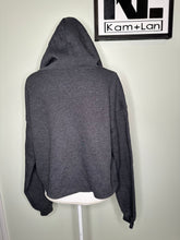 Load image into Gallery viewer, Large mean girls- Love is so fetch cropped Bella canvas dark grey sweatshirt