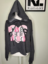 Load image into Gallery viewer, Large mean girls- Love is so fetch cropped Bella canvas dark grey sweatshirt