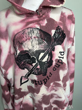 Load image into Gallery viewer, SALE: Large & 2XL Stupid Cupid & skellie hand w/ heart balloons on hood Maroon watercolor affect custom bleached unisex hoodie