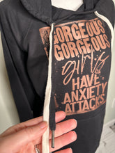 Load image into Gallery viewer, Large plain lightweight black hoodie (double strings) Gorgeous gorgeous girls have anxiety attacks plain black unisex hoodie