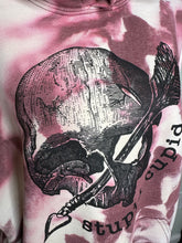 Load image into Gallery viewer, SALE: Large & 2XL Stupid Cupid & skellie hand w/ heart balloons on hood Maroon watercolor affect custom bleached unisex hoodie