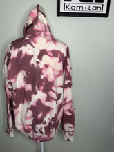 Load image into Gallery viewer, SALE: Large & 2XL Stupid Cupid & skellie hand w/ heart balloons on hood Maroon watercolor affect custom bleached unisex hoodie