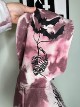 Load image into Gallery viewer, Medium Dead inside but caffeinated custom bleached unisex hoodie in dark maroon watercolor affect bats on hood
