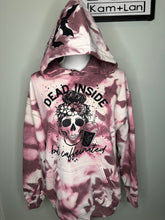 Load image into Gallery viewer, Medium Dead inside but caffeinated custom bleached unisex hoodie in dark maroon watercolor affect bats on hood
