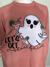 Load image into Gallery viewer, Flawed yet worthy:  Large lets get sheet faced ghost drink on a mauve unisex crewneck sweatshirt
