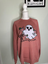 Load image into Gallery viewer, Flawed yet worthy:  Large lets get sheet faced ghost drink on a mauve unisex crewneck sweatshirt
