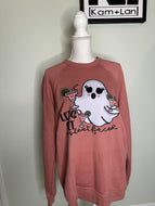 Flawed yet worthy:  Large lets get sheet faced ghost drink on a mauve unisex crewneck sweatshirt