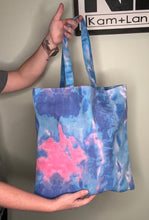 Load image into Gallery viewer, Tote bag; fueled by iced coffee and anxiety cotton candy blue and pink 15”x16”
