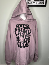 Load image into Gallery viewer, XL overstimulated moms club design on front or on back stunning light purple unisex hoodie.
