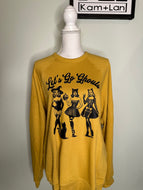 Large mustard yellow lets go ghouls, unisex crewneck sweatshirt