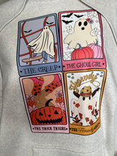 Load image into Gallery viewer, Large Tarot cards ghost unisex hoodie in oatmeal grey color
