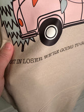 Load image into Gallery viewer, Flawed yet worthy: Large Hippie van get in loser we are going to see Christmas lights tan lightweight unisex hoodie
