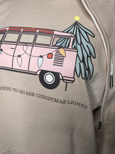 Load image into Gallery viewer, Flawed yet worthy: Large Hippie van get in loser we are going to see Christmas lights tan lightweight unisex hoodie
