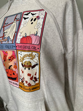 Load image into Gallery viewer, Large Tarot cards ghost unisex hoodie in oatmeal grey color
