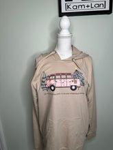 Load image into Gallery viewer, Flawed yet worthy: Large Hippie van get in loser we are going to see Christmas lights tan lightweight unisex hoodie
