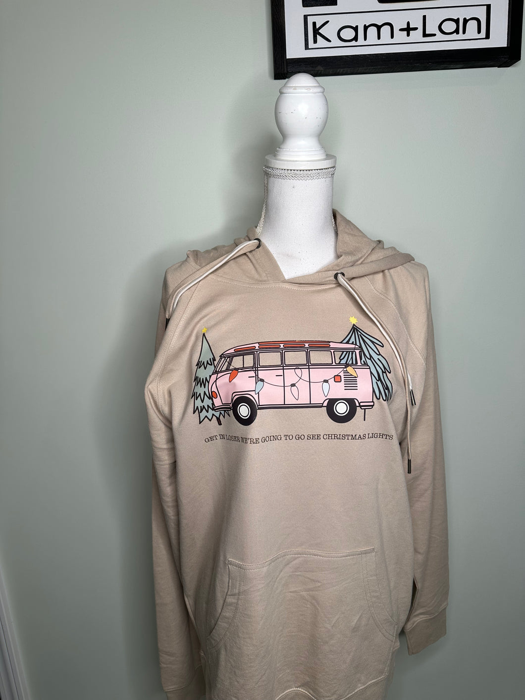 Flawed yet worthy: Large Hippie van get in loser we are going to see Christmas lights tan lightweight unisex hoodie