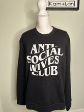 Load image into Gallery viewer, Large Anti social wives club unisex crewneck in black with front pockets!
