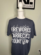 Medium - “If it involves fireworks summer nights barbecues and freedom count me in” unisex heather navy blue tshirt