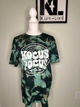 Load image into Gallery viewer, Medium Witch sisters custom bleached tshirt in a hunter &amp; light greens/blues
