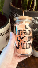 Load and play video in Gallery viewer, It’s freakin bats I love Halloween 16oz iced coffee glass
