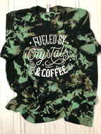 Large & XL Fueled by crystals & coffee custom bleached tshirt in a hunter & light greens