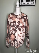 Load image into Gallery viewer, XL &amp; 3XL Rebel Babe Cowhide cow print style sweatshirt (shades of brown/greys/tans/white/pinks) custom bleached unisex crewneck sweatshirt
