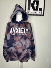 Load image into Gallery viewer, Medium Even my anxiety has anxiety bleached unisex hoodie in dark navy/grey/pink mauve
