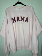 Load image into Gallery viewer, Sale: XL sorority style MAMA in maroon design on a light pink unisex crewneck sweatshirt
