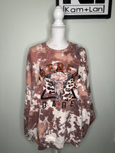 Load image into Gallery viewer, XL &amp; 3XL Rebel Babe Cowhide cow print style sweatshirt (shades of brown/greys/tans/white/pinks) custom bleached unisex crewneck sweatshirt
