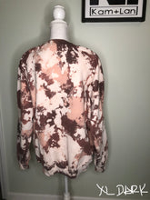 Load image into Gallery viewer, XL &amp; 3XL Rebel Babe Cowhide cow print style sweatshirt (shades of brown/greys/tans/white/pinks) custom bleached unisex crewneck sweatshirt
