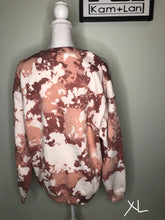 Load image into Gallery viewer, XL &amp; 3XL Rebel Babe Cowhide cow print style sweatshirt (shades of brown/greys/tans/white/pinks) custom bleached unisex crewneck sweatshirt
