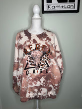 Load image into Gallery viewer, XL &amp; 3XL Rebel Babe Cowhide cow print style sweatshirt (shades of brown/greys/tans/white/pinks) custom bleached unisex crewneck sweatshirt
