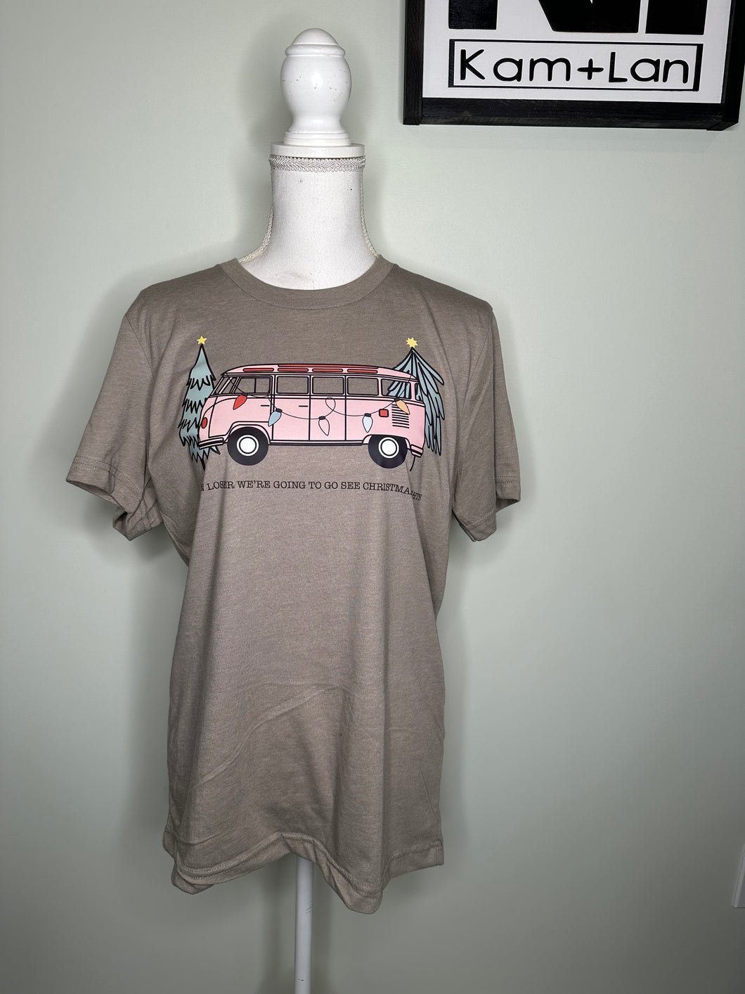 Medium, Large, XL & 2XL Hippie van get in loser we’re going to see Christmas lights unisex khaki tshirt