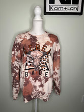 Load image into Gallery viewer, XL &amp; 3XL Rebel Babe Cowhide cow print style sweatshirt (shades of brown/greys/tans/white/pinks) custom bleached unisex crewneck sweatshirt
