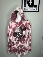 SALE: Large & 2XL Stupid Cupid & skellie hand w/ heart balloons on hood Maroon watercolor affect custom bleached unisex hoodie