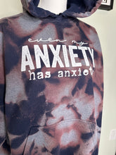 Load image into Gallery viewer, Medium Even my anxiety has anxiety bleached unisex hoodie in dark navy/grey/pink mauve
