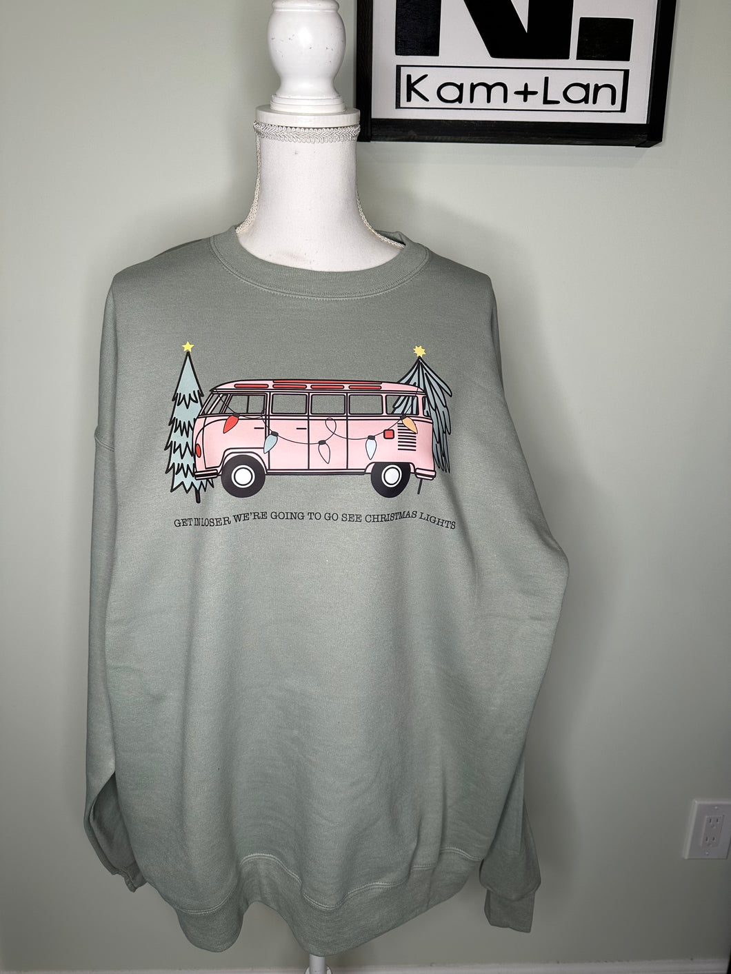 XL Hippie van get in loser we are going to see Christmas lights Sage unisex crewneck