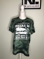 Flawed yet worthy: Large custom holiday bleached tshirt in a deep green