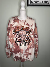 Load image into Gallery viewer, XL &amp; 3XL Rebel Babe Cowhide cow print style sweatshirt (shades of brown/greys/tans/white/pinks) custom bleached unisex crewneck sweatshirt
