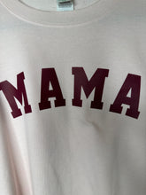 Load image into Gallery viewer, Sale: XL sorority style MAMA in maroon design on a light pink unisex crewneck sweatshirt
