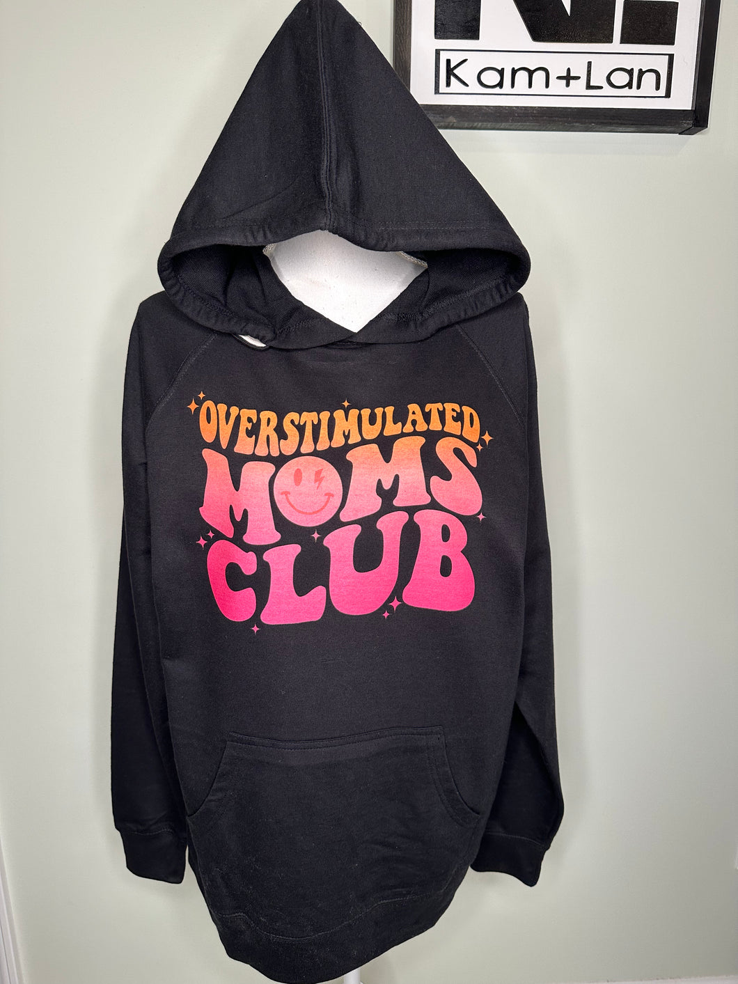 Large overstimulated moms club plain lightweight black unisex hoodie (double strings)