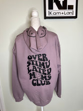 Load image into Gallery viewer, XL overstimulated moms club design on front or on back stunning light purple unisex hoodie.
