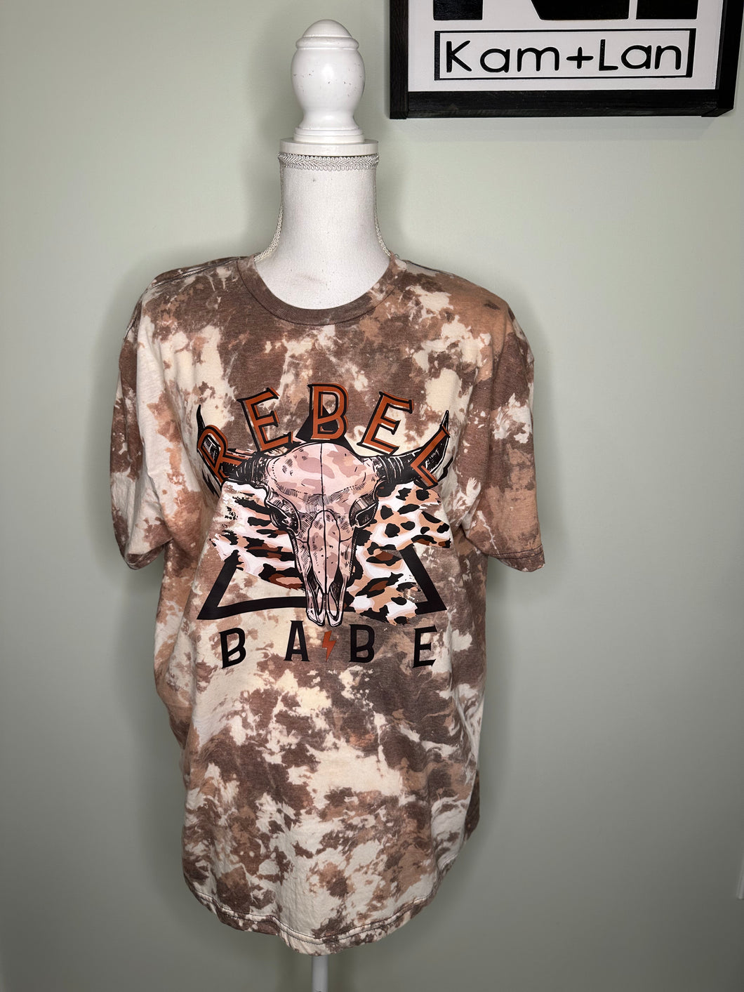 XL Rebel Babe Cowhide style tshirt (shades of brown/tans/white) custom bleached unisex shirt